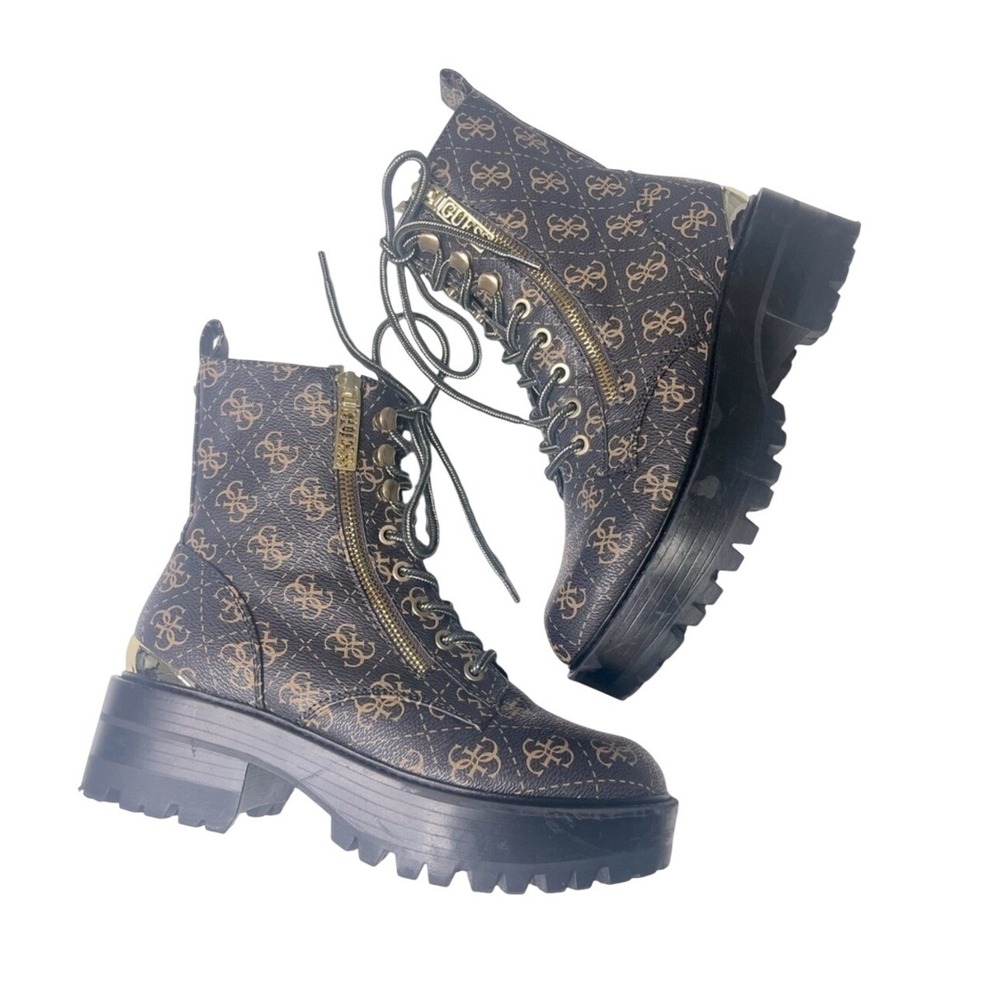 GUESS Fearne Combat Boots Womens 6 Brown Logo Lug Sole Zipper GWFEARNE - Picture 3 of 9
